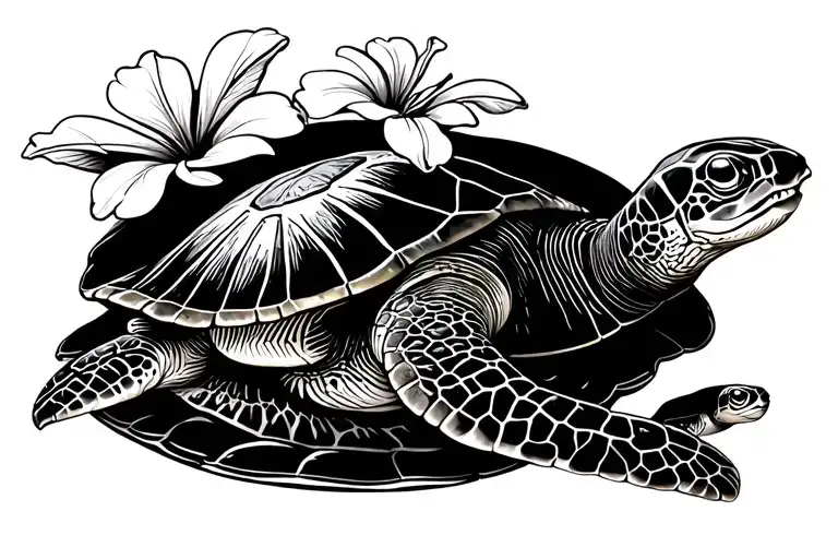 mama sea turtle And 3 young sea turtles either under fin or on top shell. on the Mama's shell plates include a plumeria  tattoo design idea