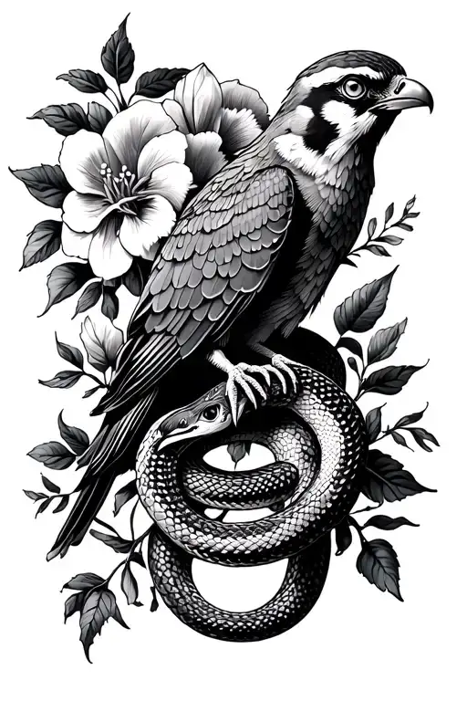 peregrine with snake and flowers intertwined tattoo design idea