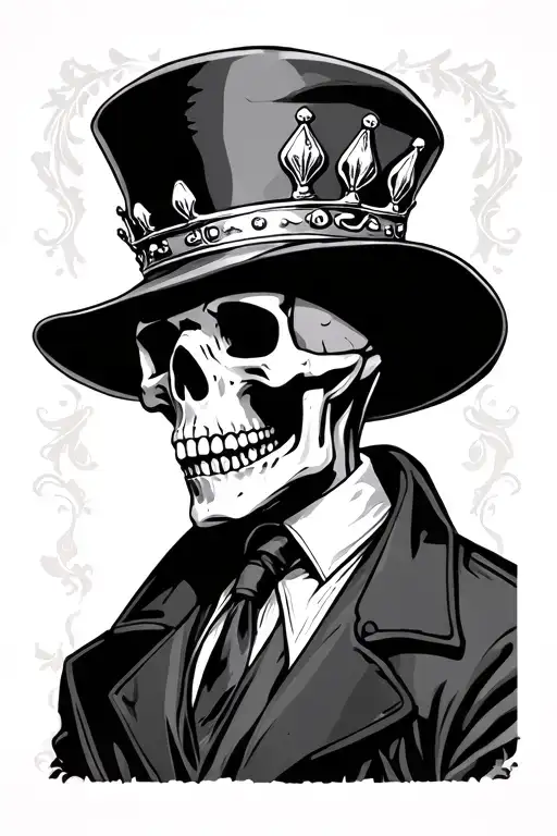 Skeleton wearing tie, coat and a open crown hat. tattoo design idea