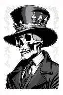 Skeleton wearing tie, coat and a open crown hat. tattoo design idea