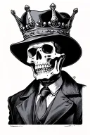 Skeleton wearing tie, coat and a open crown hat. tattoo design idea