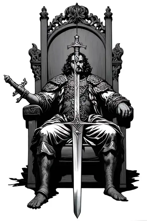 king sitting on his throne with a sword dangling above him by one string tattoo design idea