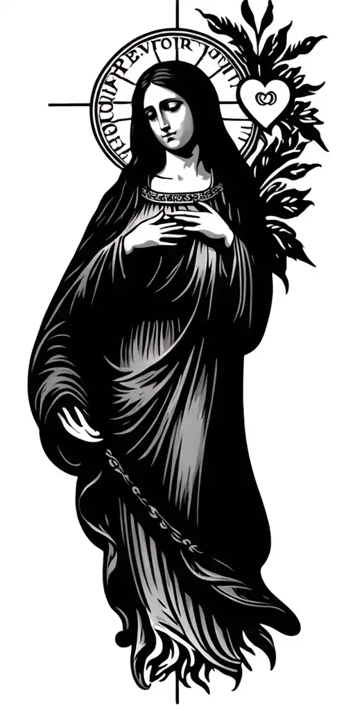 tattoo with a heart, below it should write "forever young" and above a depiction of the virgin mary tattoo design idea