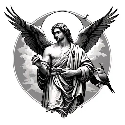 saint Christopher holding a swallow bird with its wings spread tattoo design idea