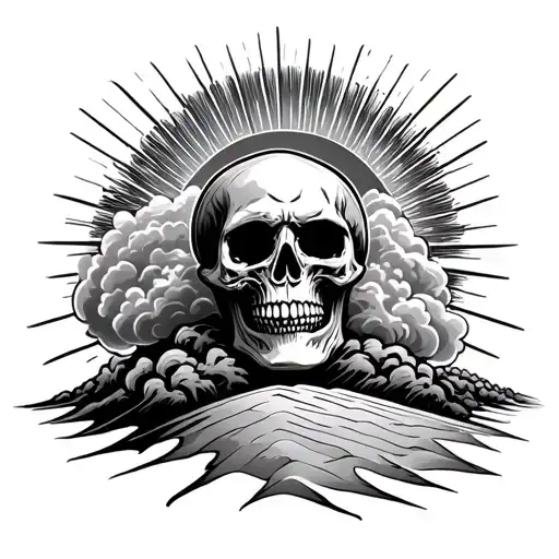 Skull fading into dust clouds, sun rays beaming, sand dunes,  tattoo design idea