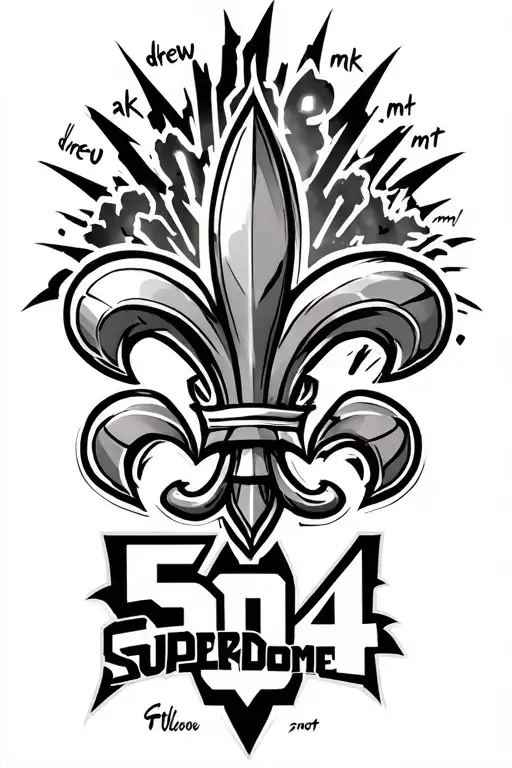 fleur de lis with drew, ak, and mt numbers behind the superdome with Batman signal highlighting 504  tattoo design idea