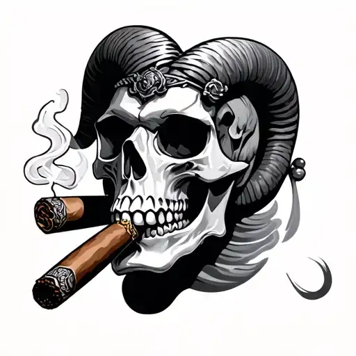 Skull smoking cigar with 1 ram horn tattoo design idea