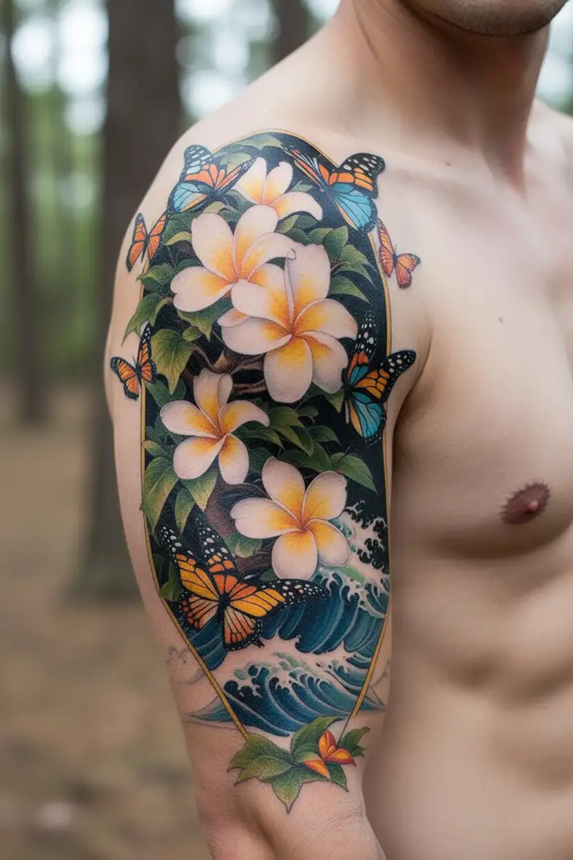 butterflies around a Frangipani tree with waves crashing tattoo design idea