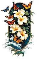 butterflies around a Frangipani tree with waves crashing tattoo design idea