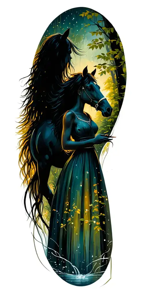 girl and horse in forest stream tattoo design idea