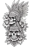 aztec warrior, skull, flower, colombia flag, union jack flag tattoo design idea
