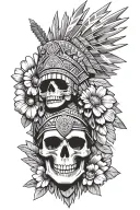 aztec warrior, skull, flower, colombia flag, union jack flag tattoo design idea