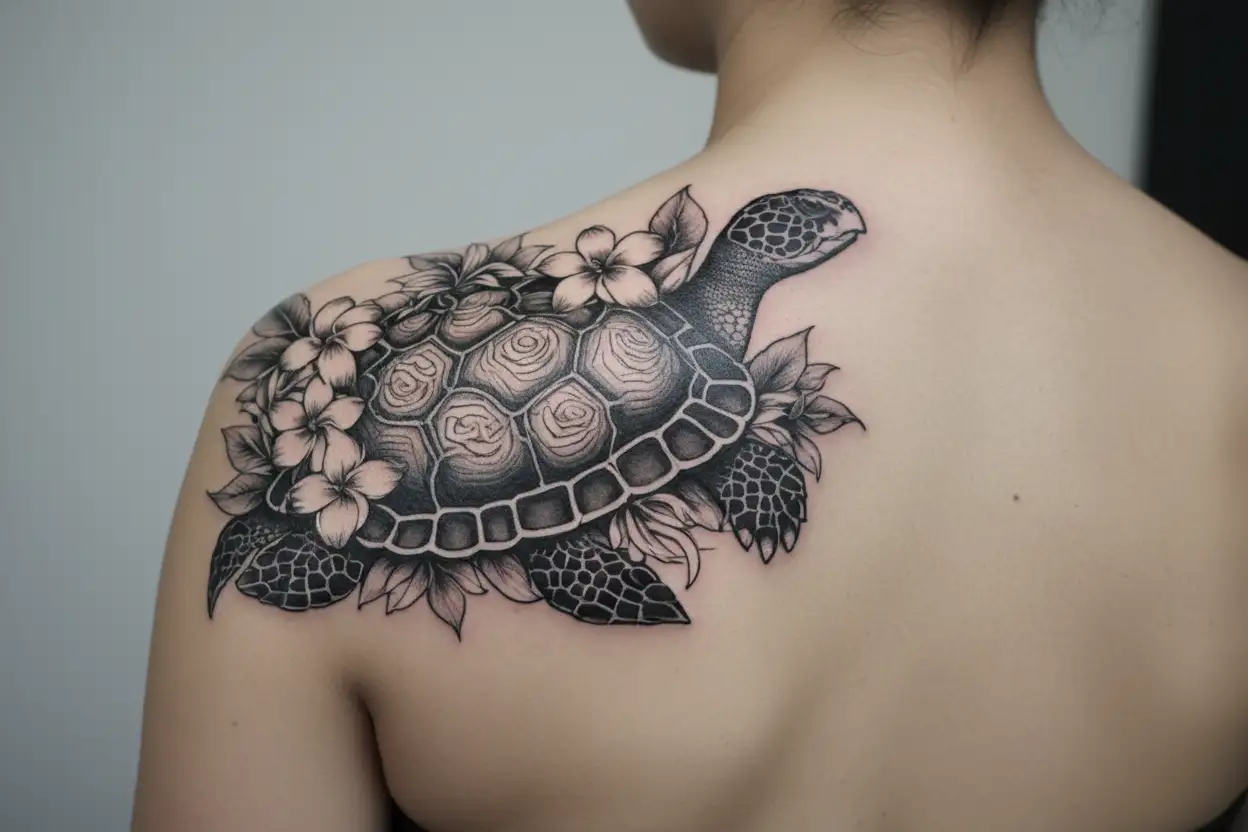 turtle and frangipani flower tattoo design idea