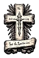 cobblestone cross with writing "the devil can scrap but the Lord has won" in old font on a scroll. tattoo design idea