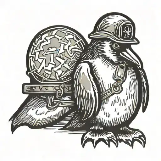 Cute penguin with u.s Vietnam war solider helmet, dog tags around neck no writing in dog tags, dates 11/11/1942-09/22/20 tattoo design idea