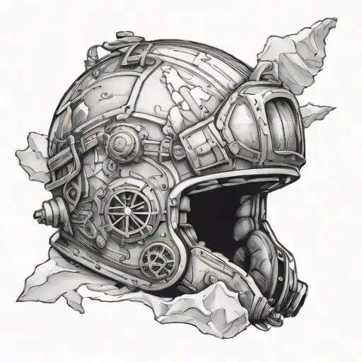 Design a tattoo featuring a Kirby Morgan helmet surrounded by icy landscapes of Antarctica tattoo design idea