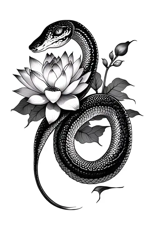 feminine snake and lotus flower blooming tattoo design idea