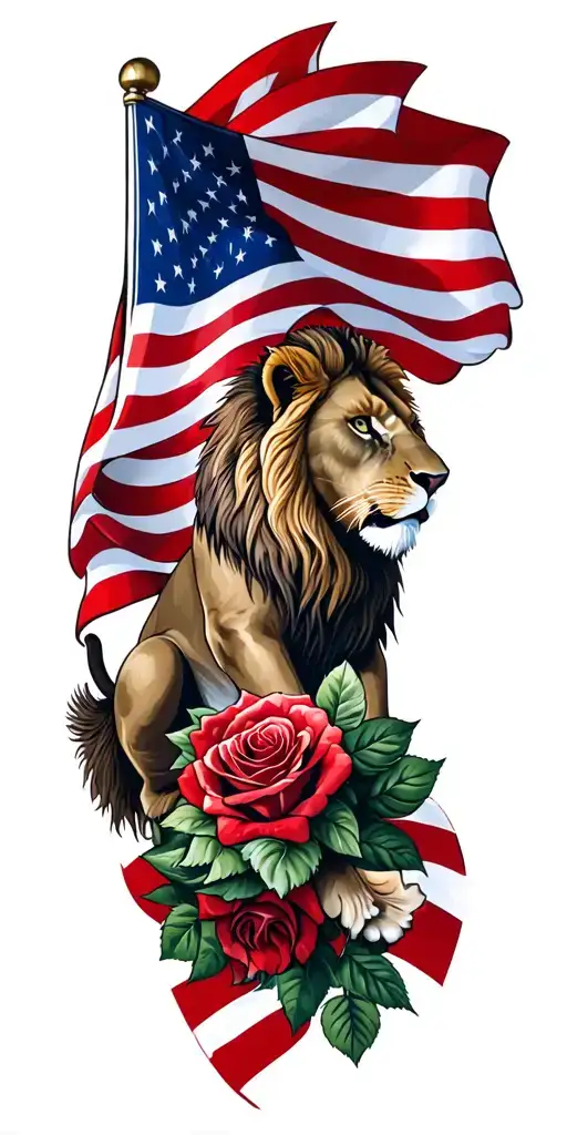 American flag waving with a lion and roses  tattoo design idea