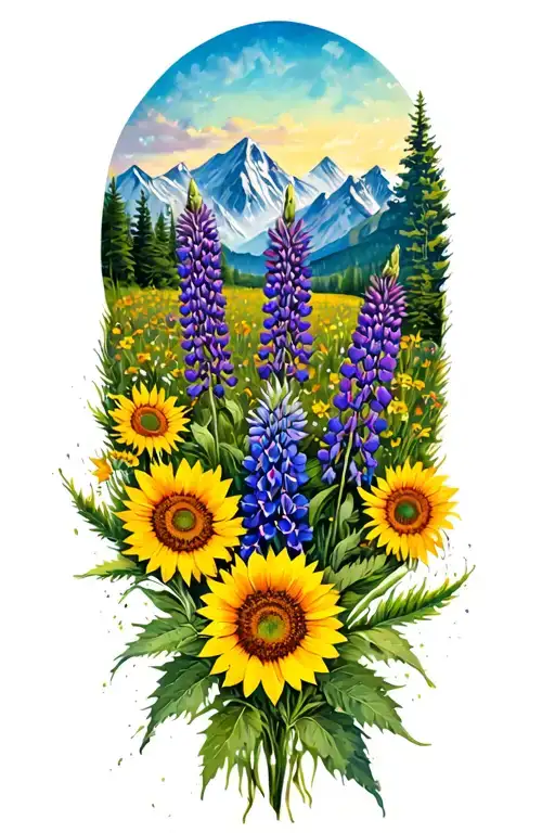 Mother Nature tattoo with mountains and bitterroot flowers lupine Indian paintbrush and prairie sunflowers tattoo design idea