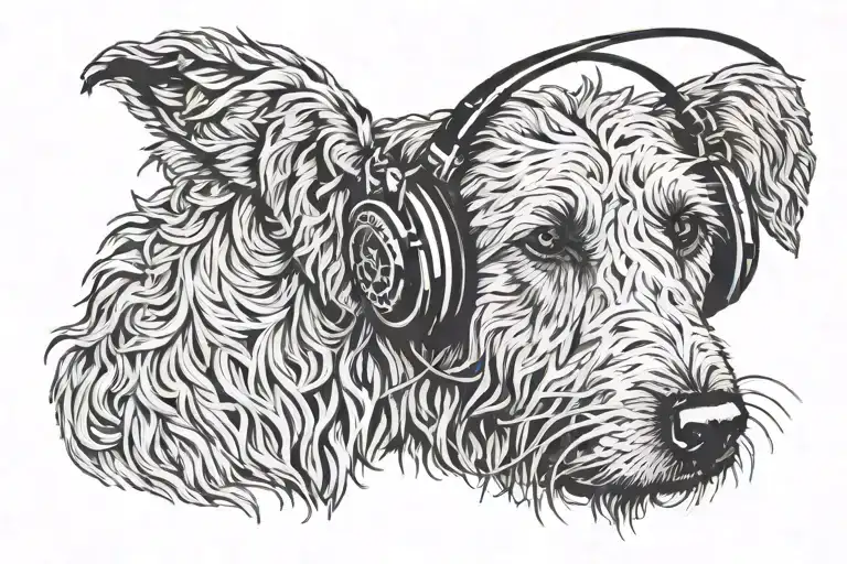 Irish Wolfhound, ancient Irish dog wearing headphones and listening tattoo design idea