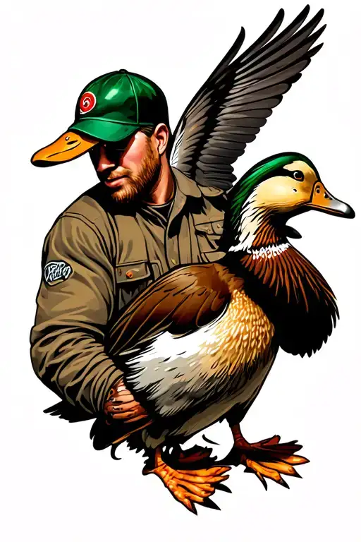 lineman working on power and flying male duck tattoo design idea