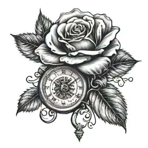 a realistic rose with a old infinity clock face like a old pocket watch in the core of the rose tattoo design idea