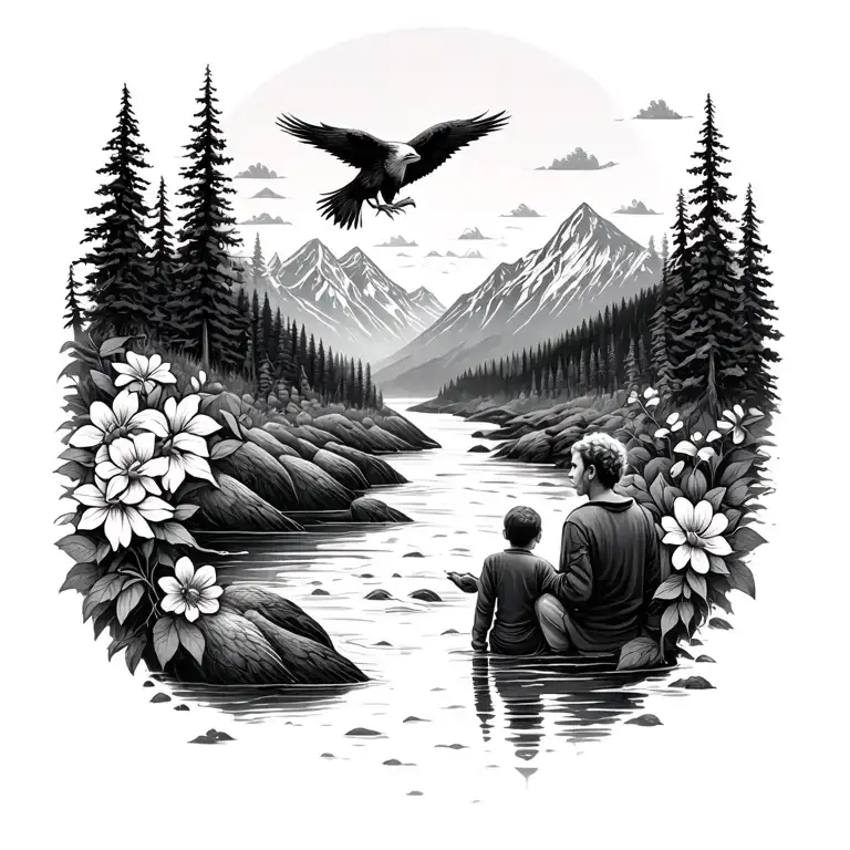 Mountains, river, eagle, flowers, child, two people tattoo design idea