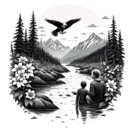 Mountains, river, eagle, flowers, child, two people tattoo design idea