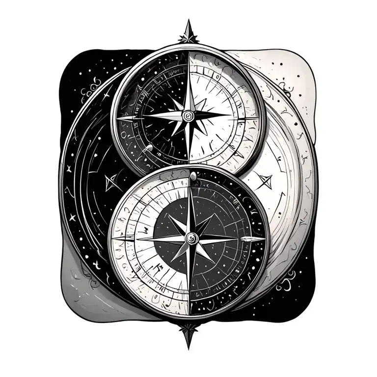 compass with yin yang symbol intertwined tattoo design idea