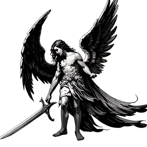 standing angel with wings head down holding sword going tattoo design idea