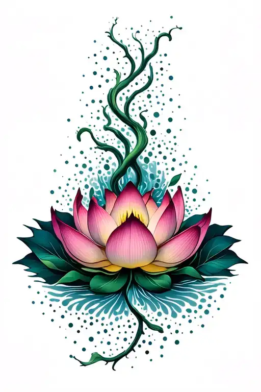 lotus flower with vines spreading outwards horizontally with dots  tattoo design idea