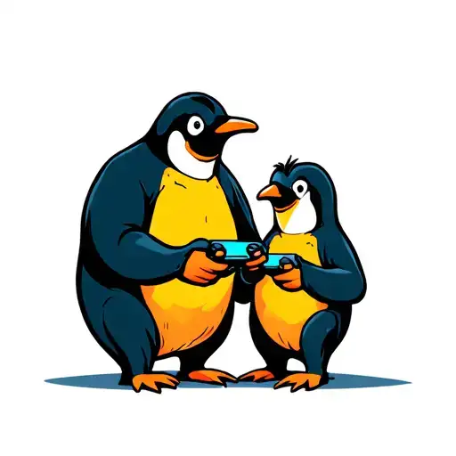 dad and son penguin playing video games tattoo design idea