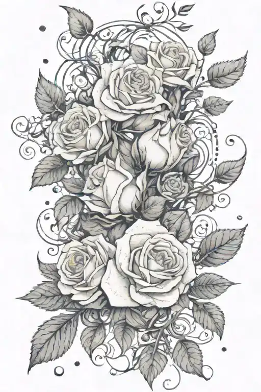 white roses on a vine intertwined with petals falling down with a fox leaping in them tattoo design idea
