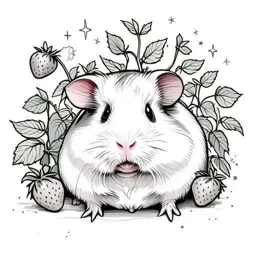 A guinea pig surrounded by strawberry plants, some strawberries on the plant, with little stars as a detail around the g tattoo design idea
