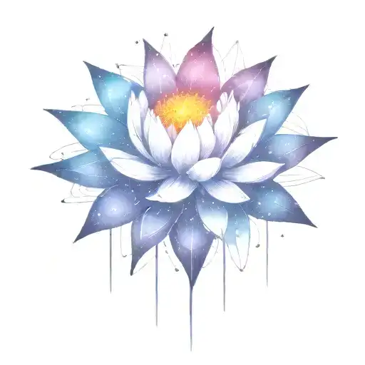 deep space themed objects and orbiting stars with trajectories around the lotus. dark colors, lexploding star in center  tattoo design idea