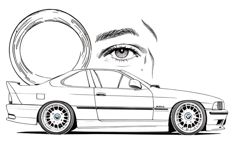 a bmw e36 mr3 with a wheel showing on the left side and the right side a mens eye and nose with thick eyebrows  tattoo design idea