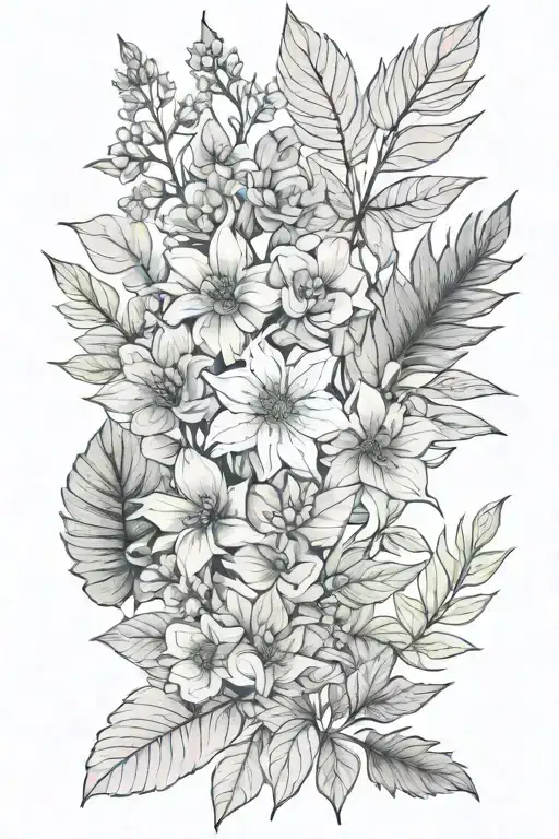thin lines of leaves in adonis, primrose, thyme, aloe, azalea tattoo design idea