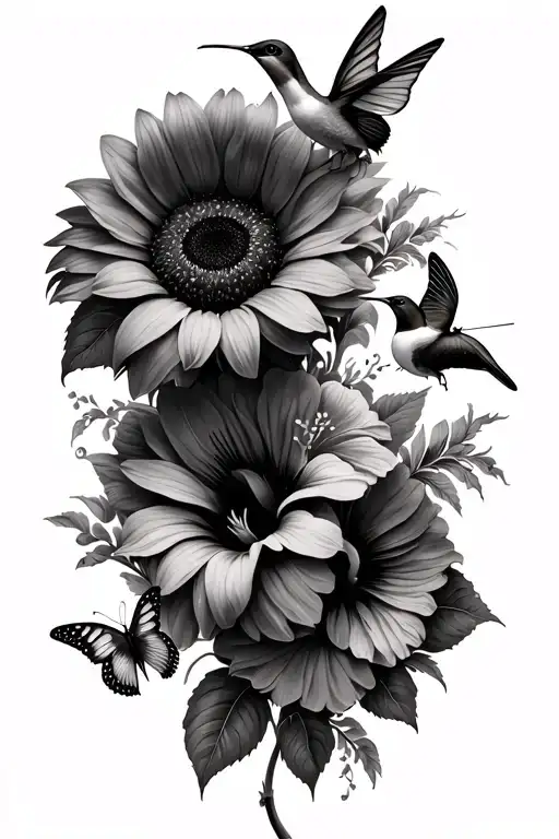 Sunflower And hibiscus flowers with hummingbirds and butterflies tattoo sleeve on arm tattoo design idea