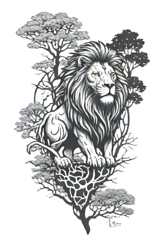 lion sign made, trees background looking, fierce blackwork tattoo tattoo design idea