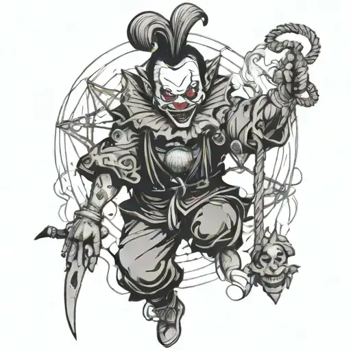 Full length drawing of a Japanese style clown with a broken Kirune mask on his face, holding a rope with shurikens, sketch in black tattoo design idea