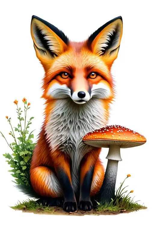 Fox sitting facing forward with a toadstool mushroom in front tattoo design idea