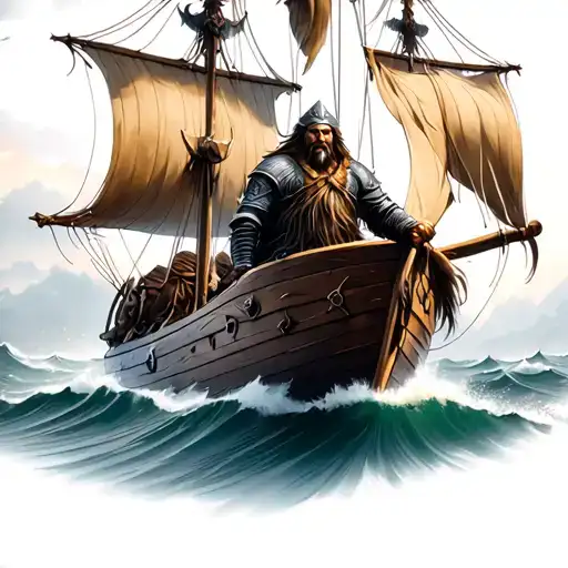 A fierce Viking warrior sailing on a longship towards Valhalla tattoo design idea