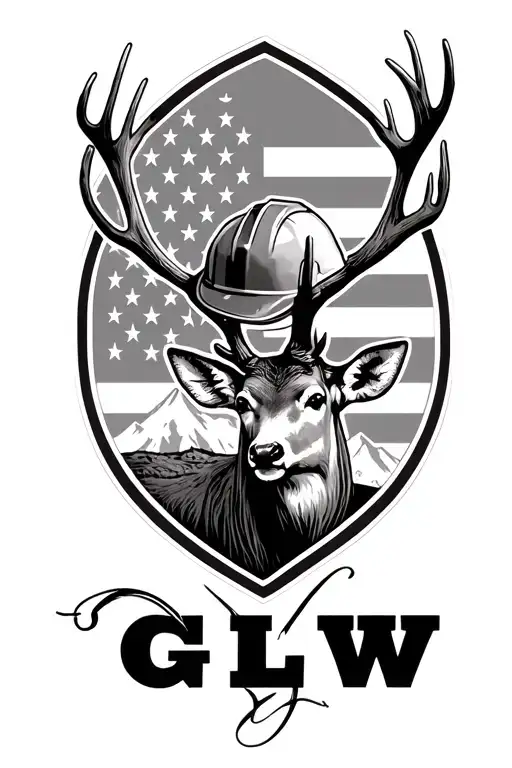 Design a tattoo with American flag background mountains a white tail deer a hard hat within GLW initials  tattoo design idea
