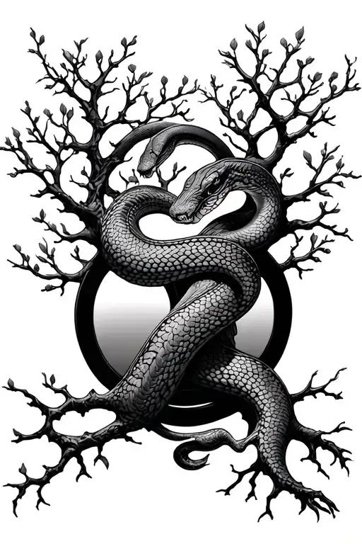 tree of life with small snake wrapped around branches  tattoo design idea