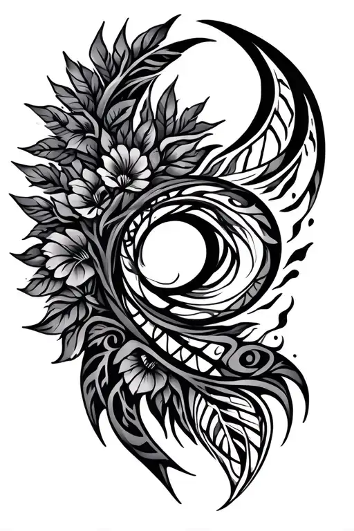 tribal design including army elements, tree of life, dna strand, spiral goddess, tripple moon, hawaiian islands tattoo design idea