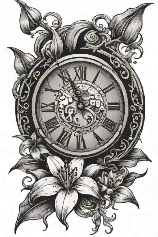 broken clock face, lily, snowdrop flower tattoo design idea