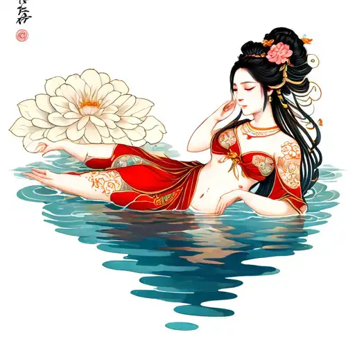 Water goddess laying tattoo design idea