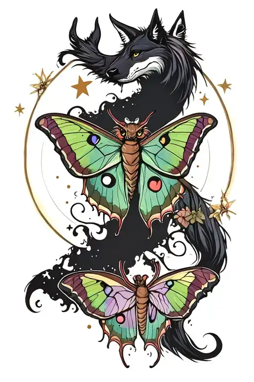 luna moth moon phases wolf stars feminine demon tattoo design idea