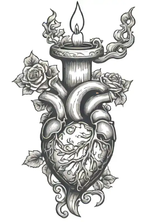 a candle in a human heart, it is placed on an old-fashioned candlestick in a cave hollowed out in the heart tattoo design idea