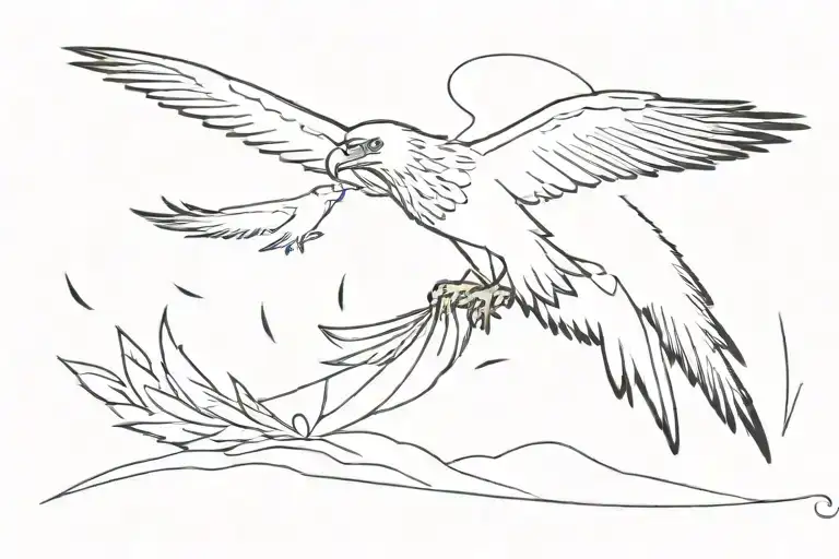 A black eagle comes flying towards a crying little girl to comfort her leaving a trail of feathers  tattoo design idea